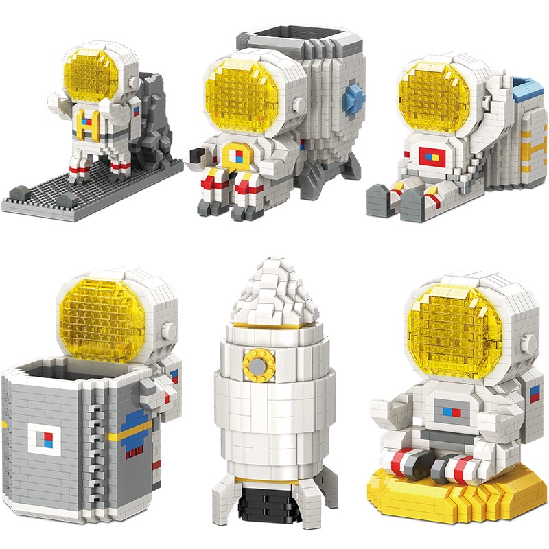 Kartun spaceman building blocks pen holder Astronot Ornamen Mainan Kreatif