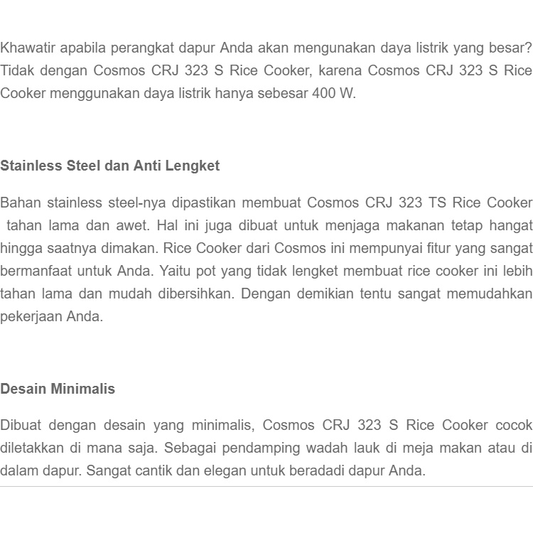 Cosmos Rice Cooker 1.8 L CRJ-323 SSO/SSV/SWG (Random Motif) Anti lengket, Fungsi 3 in 1 (Memasak, Menghangatkan, dan Mengukus)