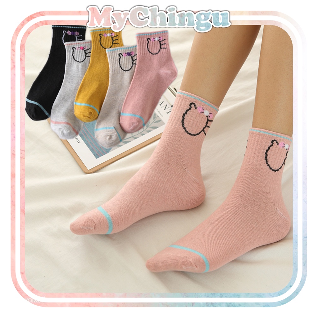 ❀ Chingu ❀ KK001 Kaos Kaki (Tanpa Kemasan) Wanita Panjang Diatas Mata Kaki Motif Kittie Fashion Korea Women Sock Import Murah