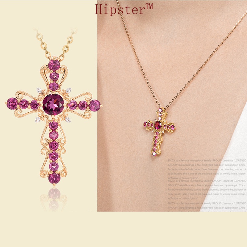 Hot Sale Refined Rhinestone Hollow Natural Ruby Cross Pendant Necklace