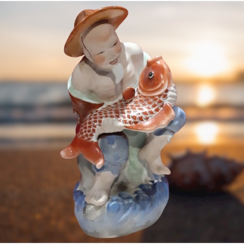Patung Antik Keramik Jingdezhen Orang Tua Menangkap Ikan Koi