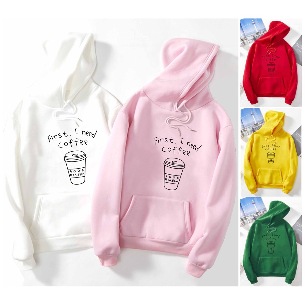 FenishaStore Sweater Hoodie Kantong Depan First I Need Cofee Bisa Bayar Ditempat COD