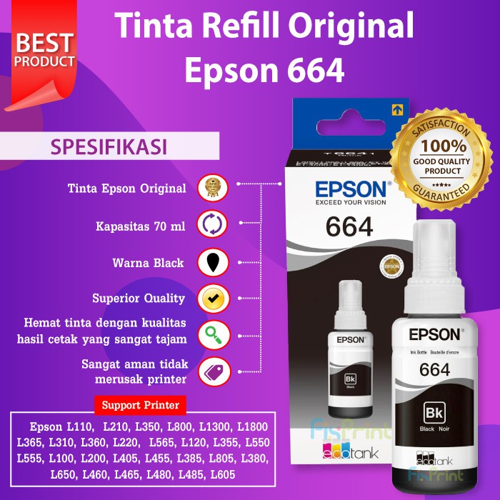 Tinta Epson 664 Original 70ml Printer L550 L555 L565 L1300 L1455 L120 L360 Black Cyan Magenta Yellow