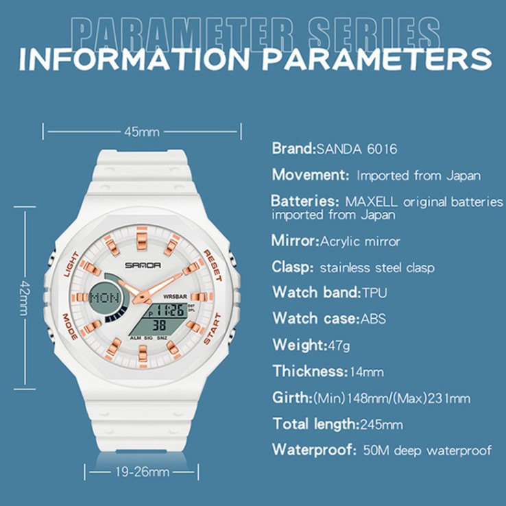 SANDA 6016 Jam Tangan Pria Wanita Digital Sport EL Backlight Tali Rubber Anti Air-8
