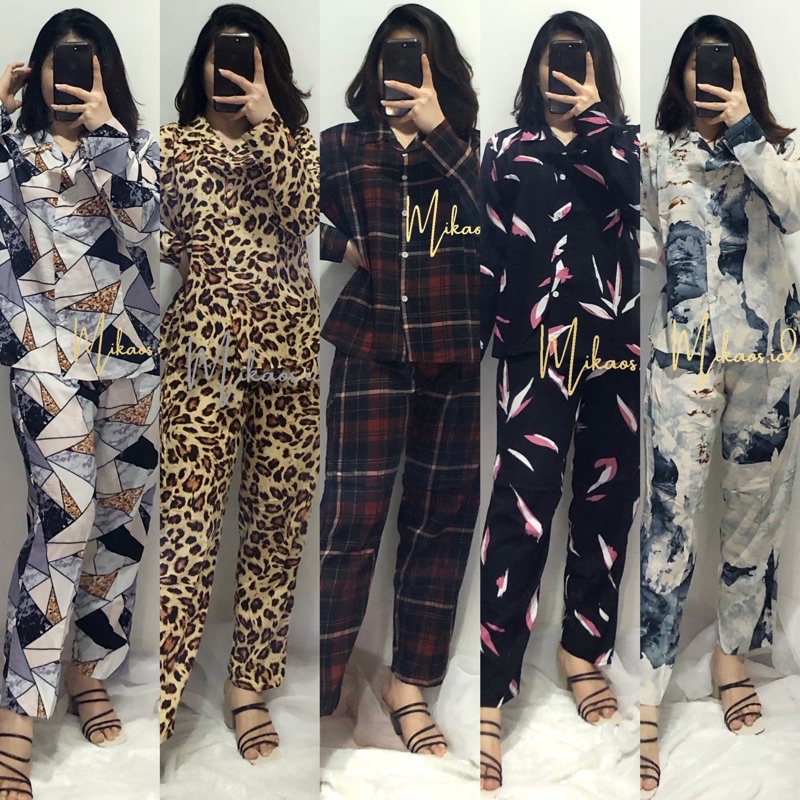 Mikaos Piyama Rayon Set Panjang Premium | Baju Tidur Rayon Set | Piyama Oneset | Oneset Piyama