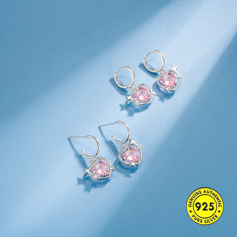 Anting Tusuk Sterling Silver 925 Desain Hati Hollow Hias Berlian Pink Untuk Wanita U933