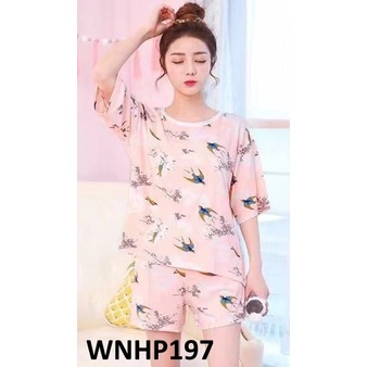 Baju Tidur Wanita Lengan Pendek Celana Pendek Motif Burung - WNHP197 - WNHP198