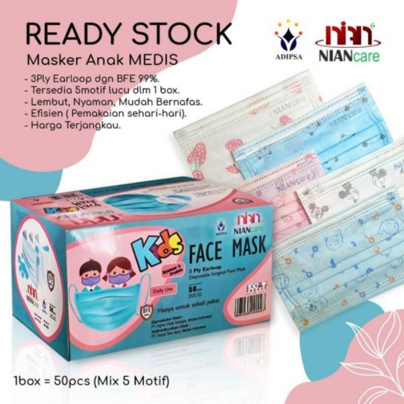 Masker Anak Nian Care 3 Ply Mix 5 Motif/Masker Anak Earloop