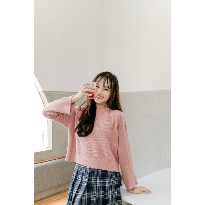 Fwdaily - ANNA ( crop sweater - sweater rajut motif turtleneck )-Rose