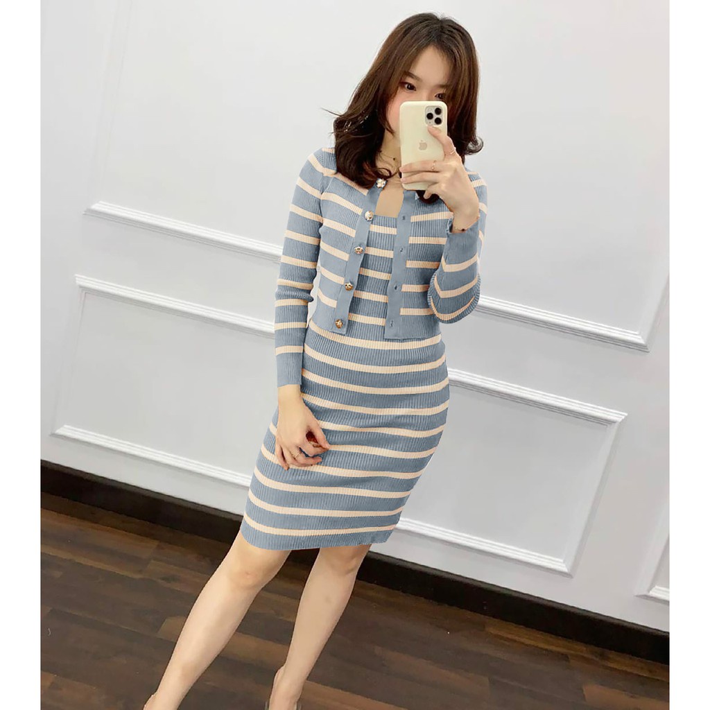 WSE390 - Set 2in1 Rajut Pocket Setelan Rajut Dress dan Outer Outwear Cardi Rajut Motif 2 Warna Two-tone Garis Garis UK L-XL LD 100 - 110 CM PJ 100 CM PREMIUM QUALITY