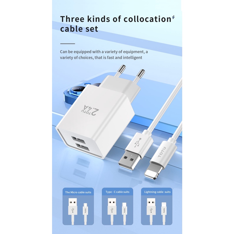 TOTU Kepala Charger Adapter Adaptor Charger Cas an USB SET 2.4A Dual USB