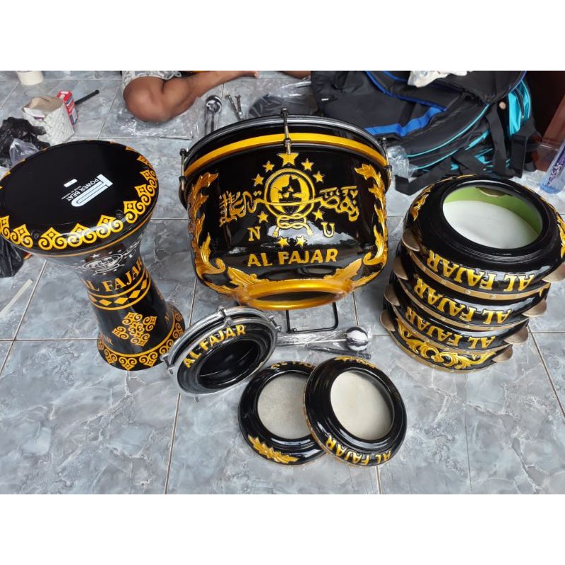 1set HADROH ukir logo NU warna hitam motip gold / alat rebana / alat kosidah / alat banjari / alat m
