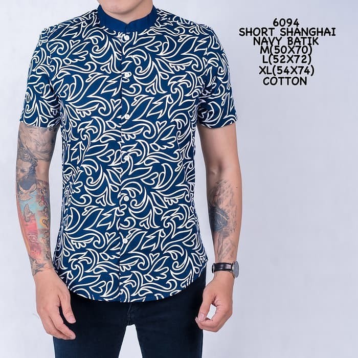 Trend Kemeja batik pria Koko navy kerah Shanghai