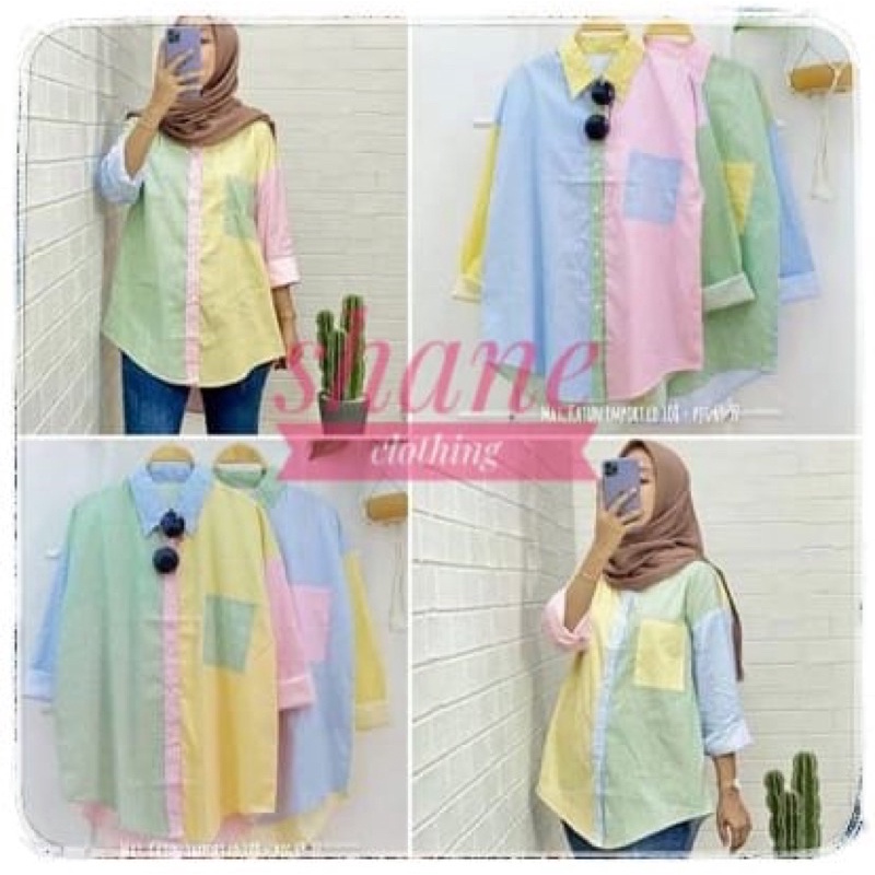 SHANE CLOTHING KEMEJA WANITA KOMBINASI GARIS WARNA WARNI LENGAN PANJANG BAHAN KATUN 066