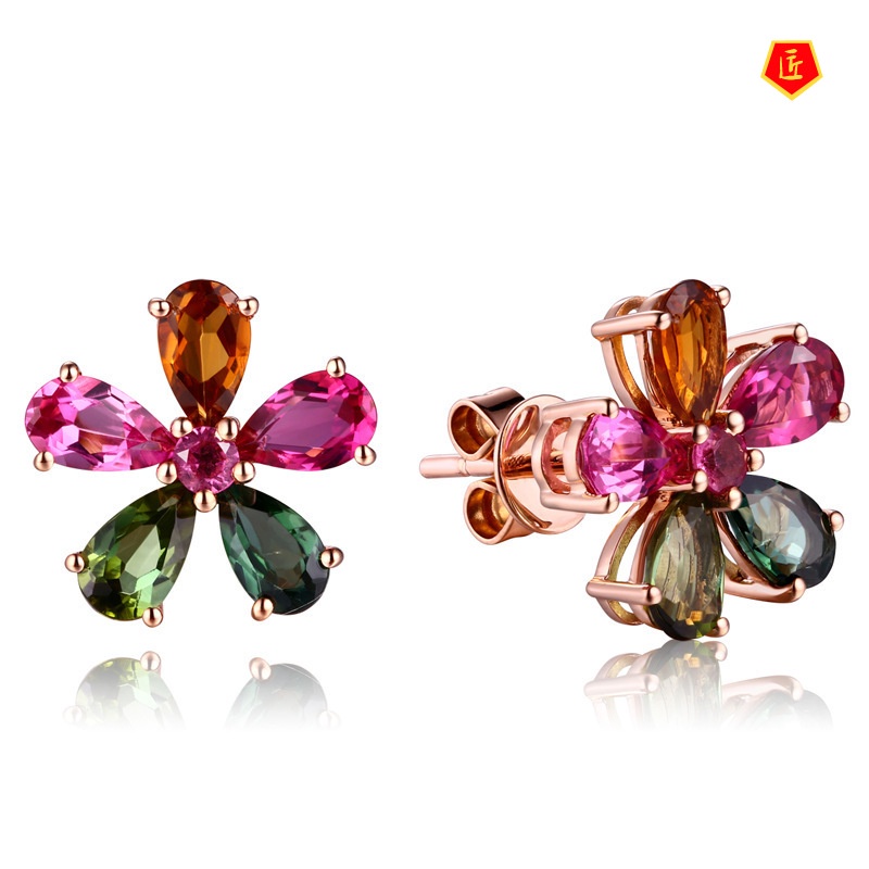 [Ready Stock]18K Rose Gold Diamond Colored Gemstone Earrings Fashion