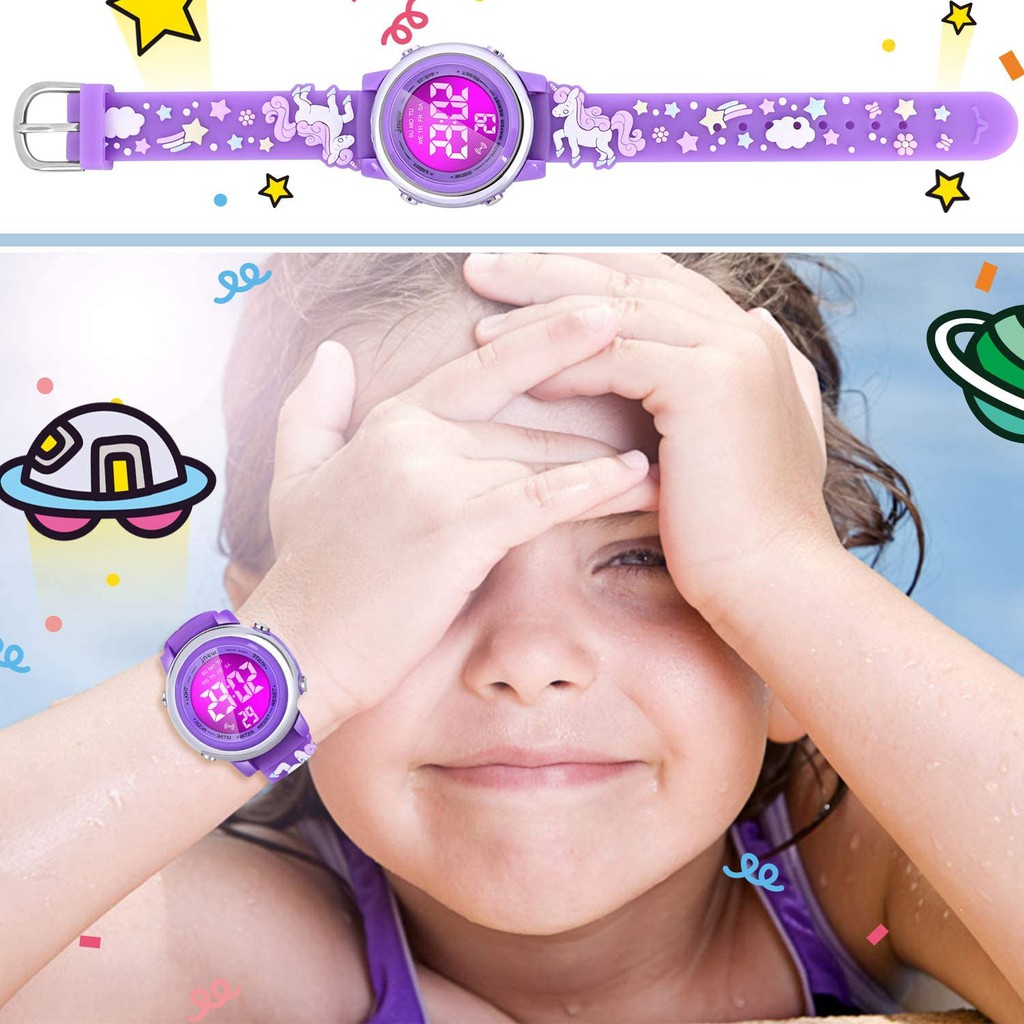 Jam Tangan Anak Kartun 3D Tahan Air dengan 7 Warna Lampu, Jam Digital Pergelangan Tangan Anak dengan Alarm dan Stopwatch untuk Anak Perempuan Usia 3-10 Tahun