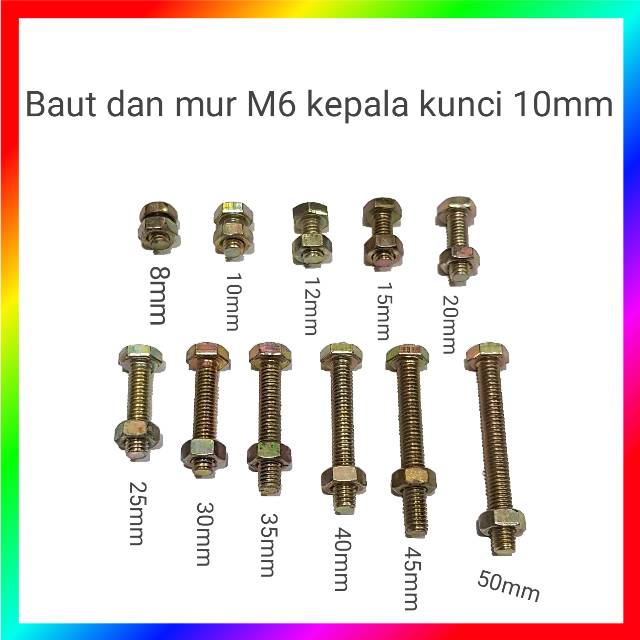 Baut dan mur M6 8 - 50mm kepala kunci 10