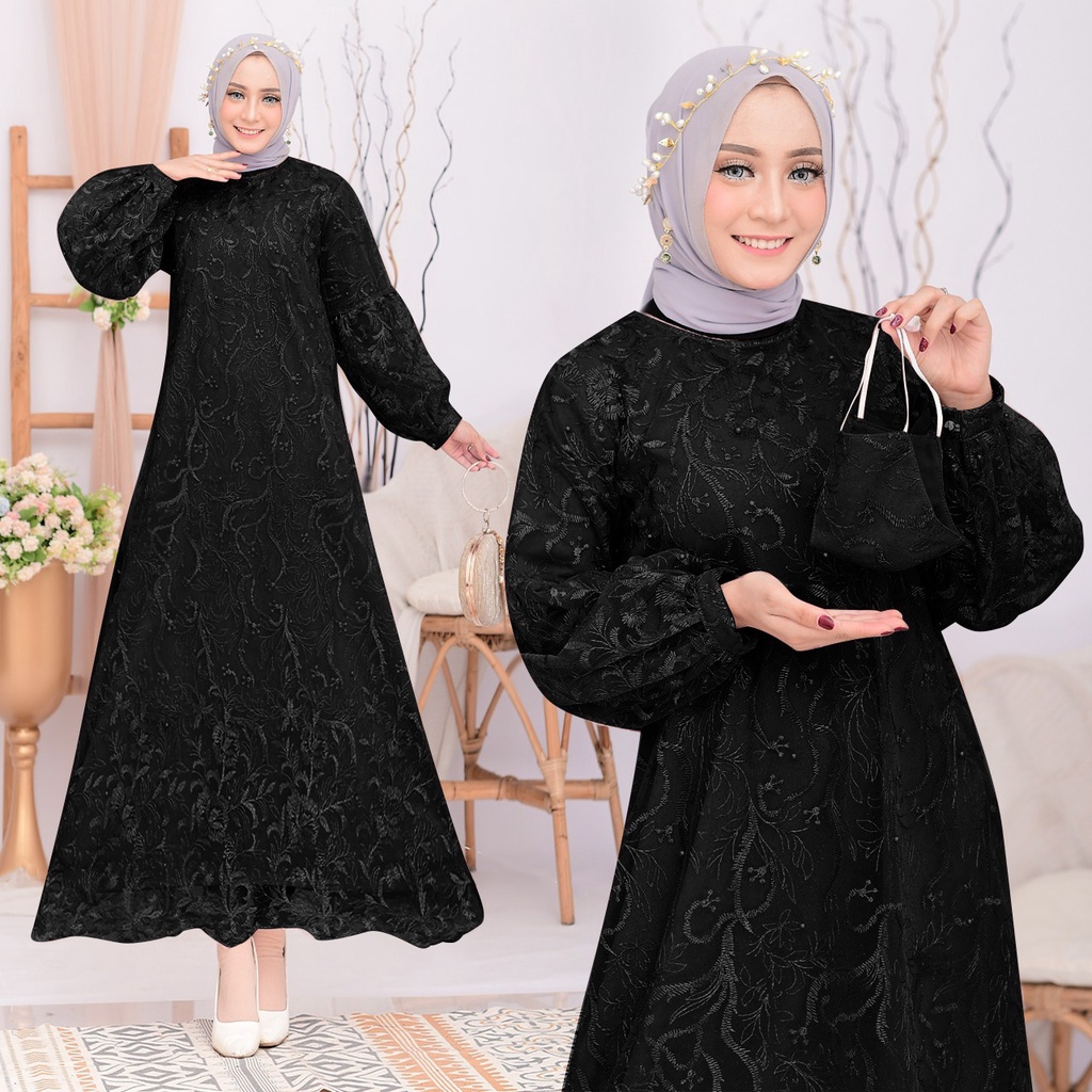 (New Free Masker Brukat) Arumi Full Brukat Tile Mutiara / Size S-M, L , XL, XXL / Gamis Pesta / Gamis Kondangan / Gamis Brokat Muslimah