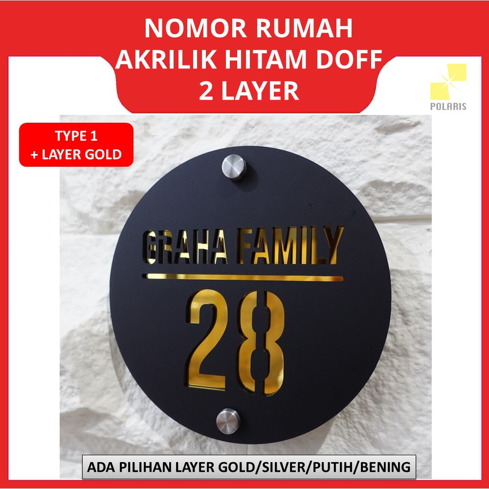 NOMOR RUMAH AKRILIK MODERN HITAM DOFF 2 LAYER - PAPAN NO RUMAH ACRYLIC CUSTOM TULISAN LUBANG DESIGN MINIMALIS - PAPAN ALAMAT NOMER RUMAH AKRILIK MIRROR GOLD/SILVER ELEGAN