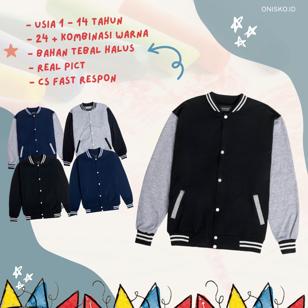 Jaket Bomber Baseball Varsity Fashion Anak Sekolah PAUD TK SD SMP Usia Bayi Balita Unisex Pria Wanit