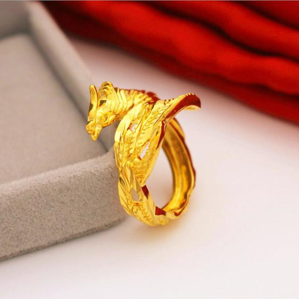 Cincin Pernikahan Model Terbuka Bahan Titanium Steel Plating Gold 18k Desain Phoenix Naga Adjustable Untuk Priawanita