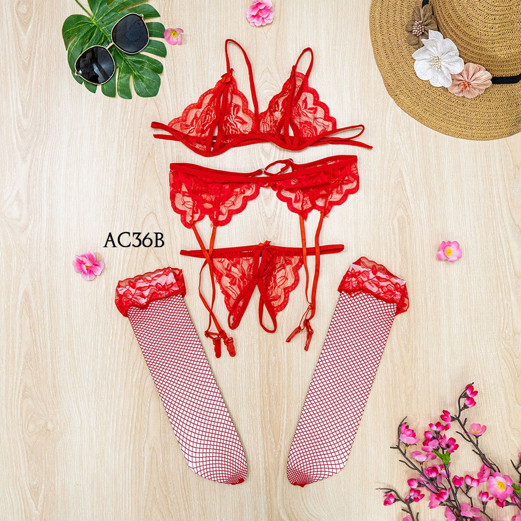 [PRIVASI AMAN] UNDERWEAR BRASET + LINGERIE STOCKING + GARTER BELT MERAH AC36B