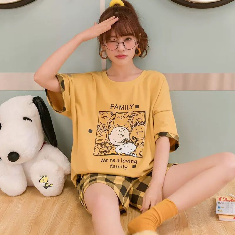 Ven 101- Setelan piyama lengan pendek import motif lucu/impor korea/baju tidur katun bahan lembut-101- Family kuning