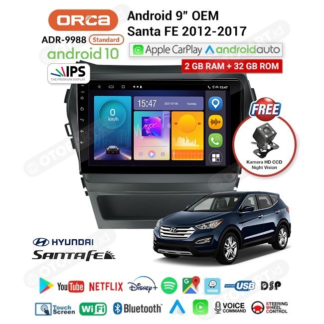 Head Unit TV Android 9″ inch OEM Hyundai Santa Fe ORCA (2+32G) - CARPLAY 2+32GB