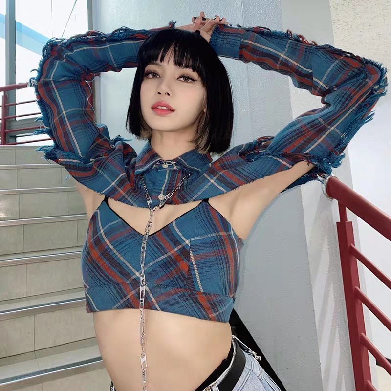 #Sisjuly # Retro plaid print Lisa lagu setelan leher tinggi lengan panjang T-shirt suspender wanita