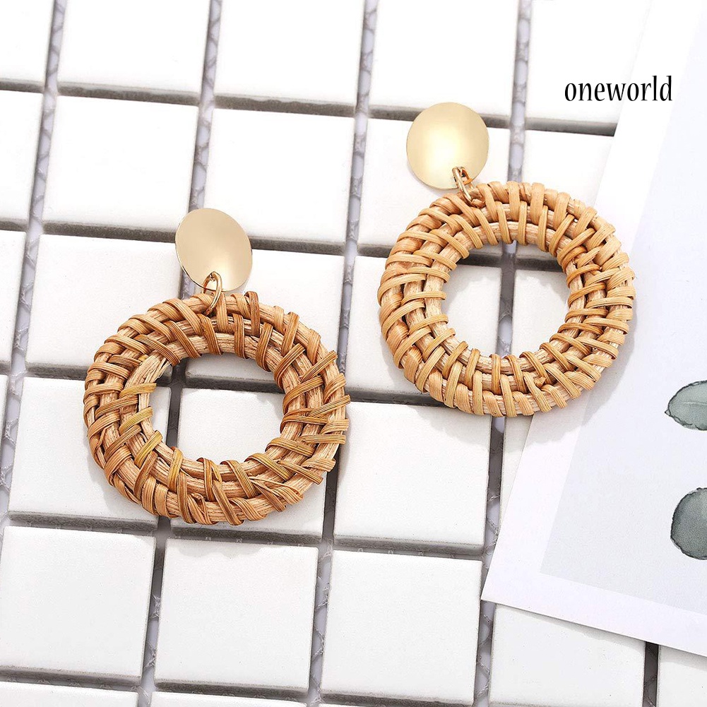 OW@ Bohemian Beach Rattan Woven Hollow Circle Drop Statement Women Stud Earrings