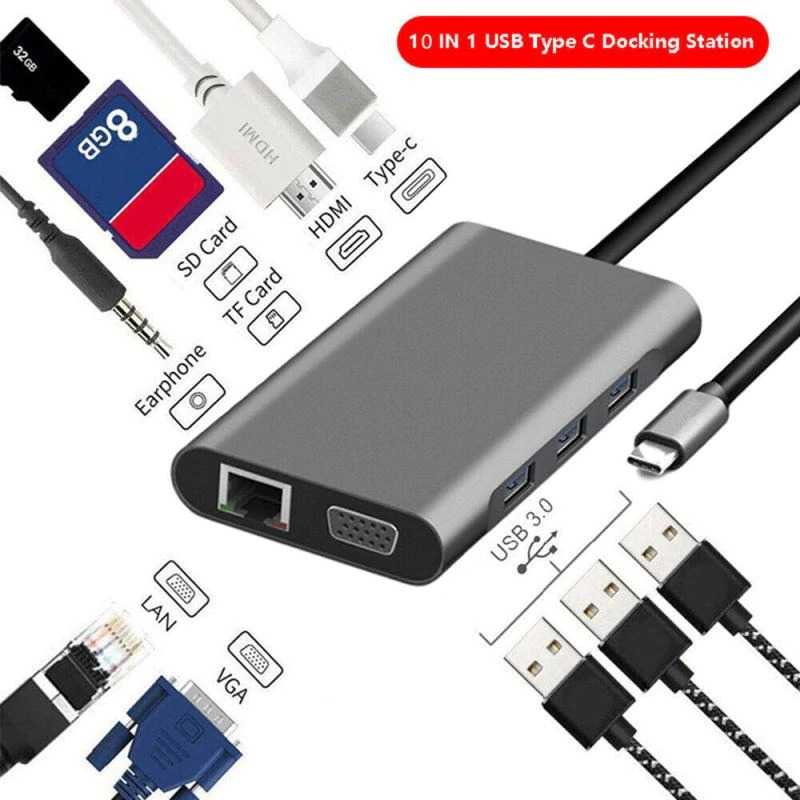 EASYIDEA USB Type C Hub 10in1 HDMI+VGA+USB 3.0+RJ45+Card Reader HB3004-Gray