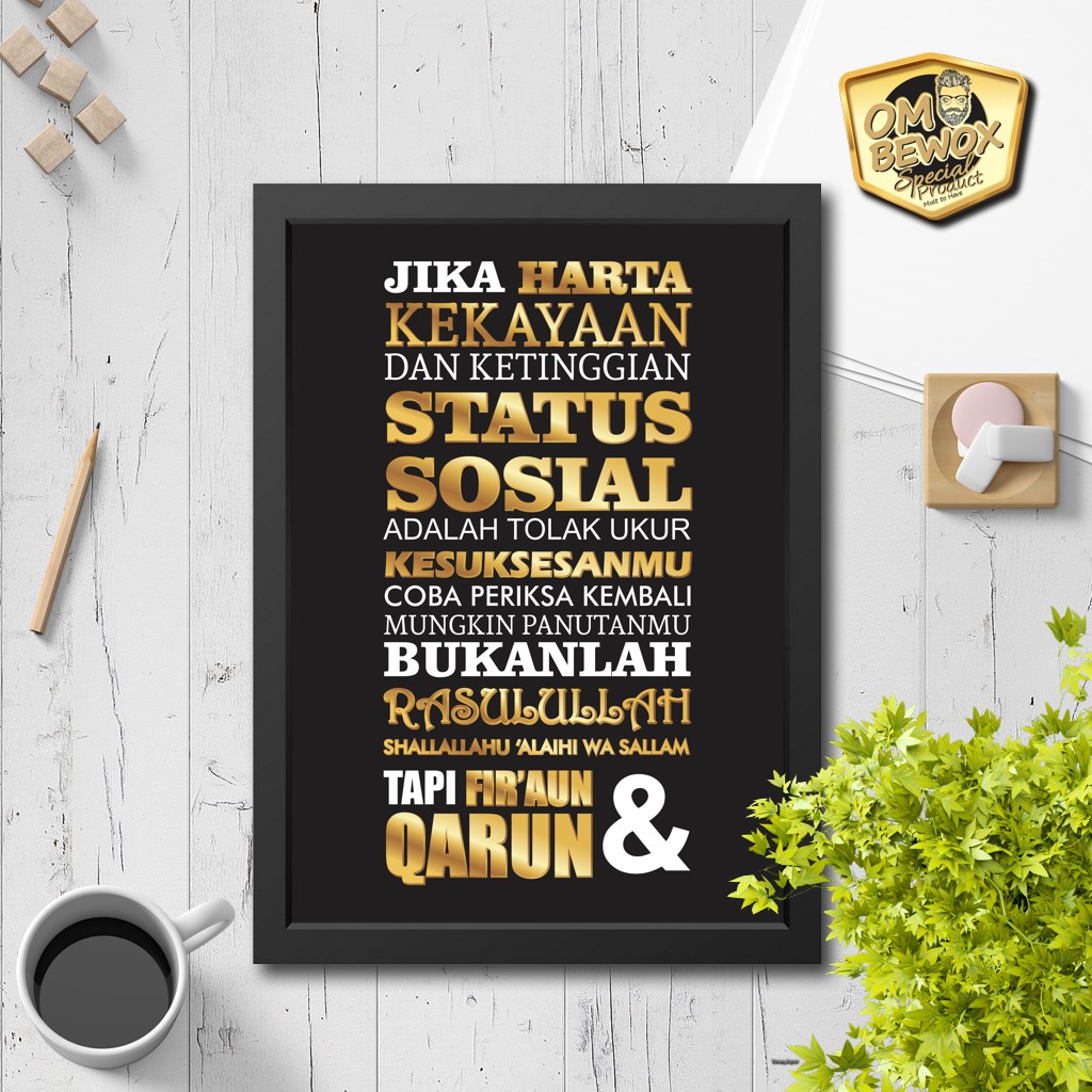 Poster Hiasan dinding quote islami Harta Kekayaan, Firaun & Qarun Dekorasi pajangan bingkai muslim