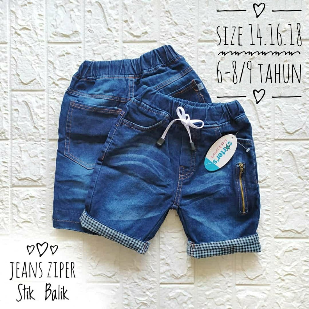 (2-8/9Thn) Jeans Pendek Anak Laki Laki Cowok Stik Balik Zipper