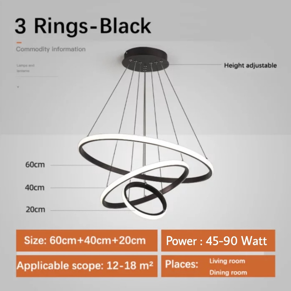 Lampu Gantung Hias Mewah Luxury Premium Minimalis Modern Aesthetic Estetik 3 Ring Pendant LED - Hitam