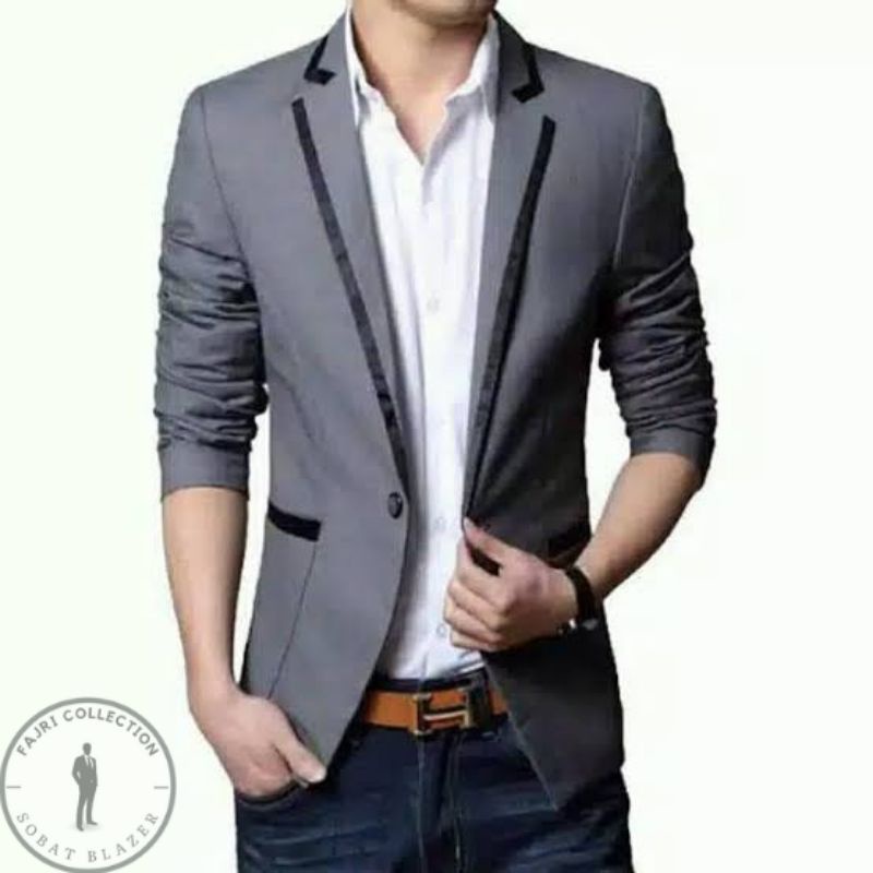 Jas Pria Abu Tua List Hitam Fajri Collection - Blazer Pria Grey List Black For