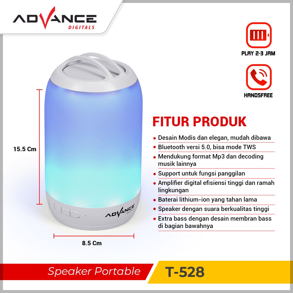 【Garansi 1 Tahun】Advance Speaker Bluetooth T-528 Speaker TWS Bluetooth Portable Led Light Music