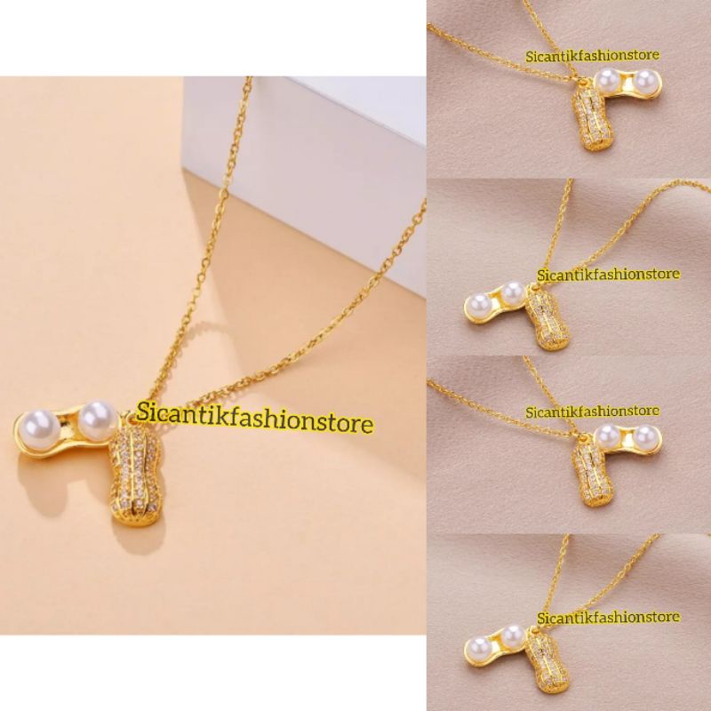 Kalung Titanium Liontin Gold Motif Kacang Fashion Wanita Terlaris Anti Karat Kalung Wanita Kekinian