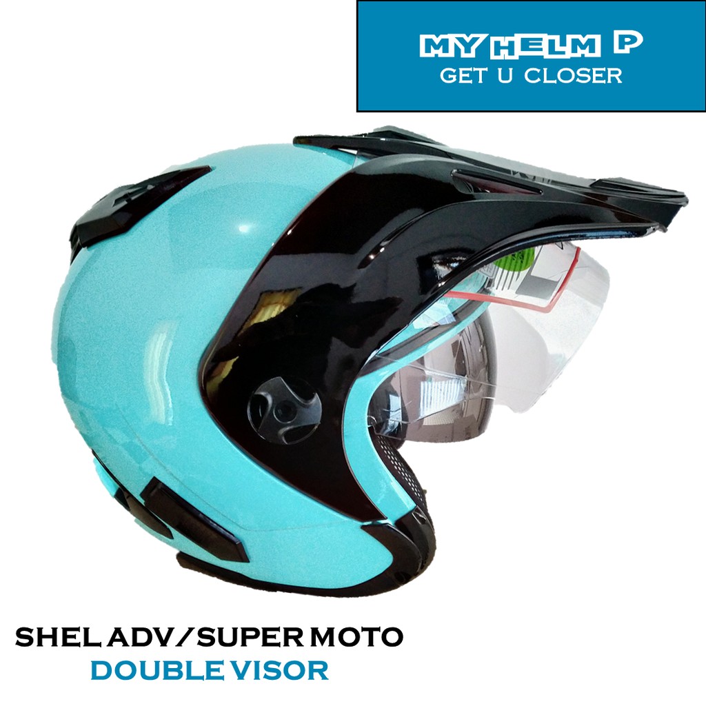 Helm SUPER MOTO SHEL ADV Double Visor Polos Warna Ice Blue Metalic