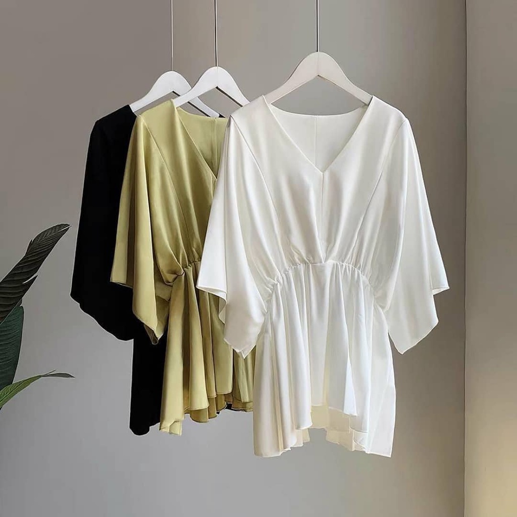 Nami Batwing Atasan Blouse Wanita Jumbo Kerut Pinggang Baju Blouse Polos Lengan Kalong Fashion Cewek