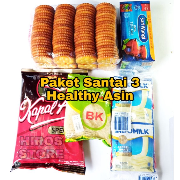 

Paket Santai 3 • Healthy Asin Kogen • Kopi Kapal Api • Teh Sariwangi • Susu Indomilk • Gula Pasir • Hiros Store.