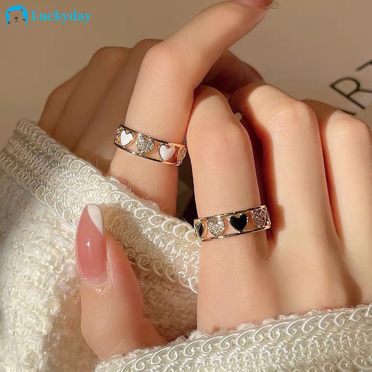 YEEZII Cincin Model Terbuka Adjustable Desain Hati Kristal Transparan Warna Emas Untuk Wanita