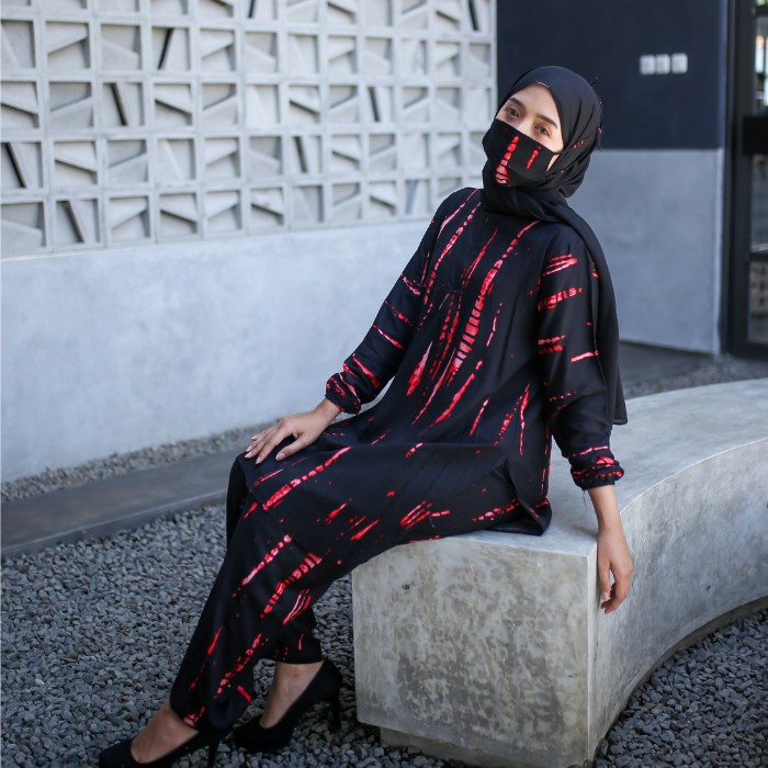PAJAMAS SET CELANA BAJU MUSLIM ONE SET TEI DYE WANITA PIYAMA PAJAMAS-HITAM