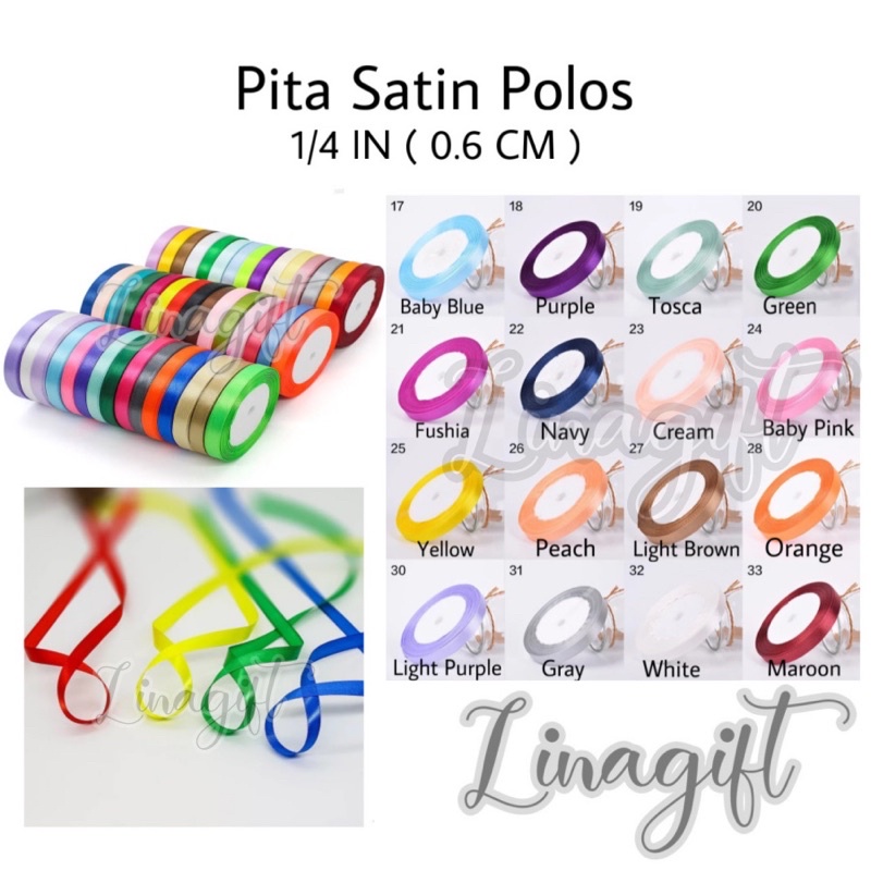 ( Rol 20 Yard ) PITA SATIN POLOS 6MM ( 1/4 INCH ) 0,25 IN - SATEEN RIBBON 0.6 CM - PITA KADO