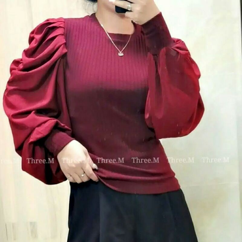 Angel Basic Baju atasan blouse puff lengan balon rajut wanita import baju blouse rajut import cewek