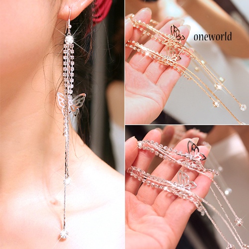 OW@ Women Hollow Butterfly Rhinestone Long Tassels Chain Hook Dangle Linear Earrings