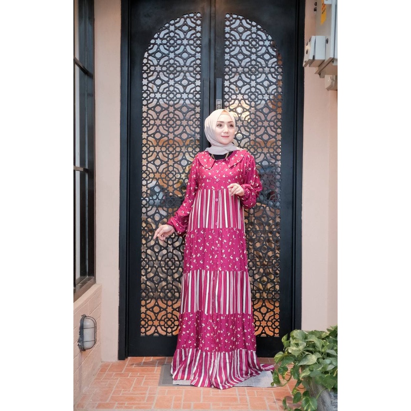 Gamis Terbaru Salur Flower Rayon Premium Dress Wanita Lengan Panjang Longdress Salur Bunga LD 110 cm