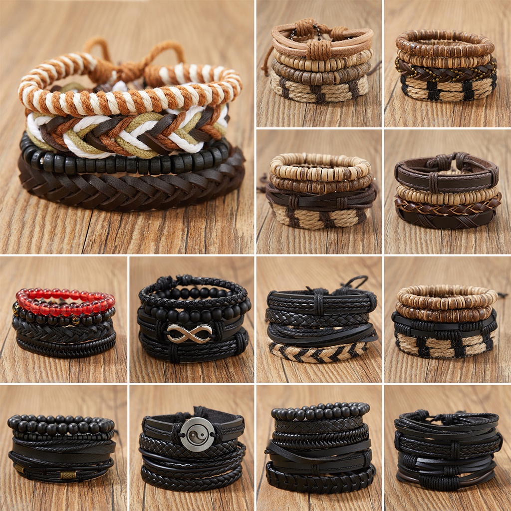 5pcs / Set Gelang Kulit Kombinasi Hias Manik-Manik Kayu Untuk Pria