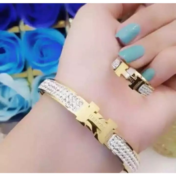 Gelang Tangan Wanita Titanium Premium Anti Karat Berlian Emas 18K Bulat Angka Romawi Ala Bangle fashion korea limited edition