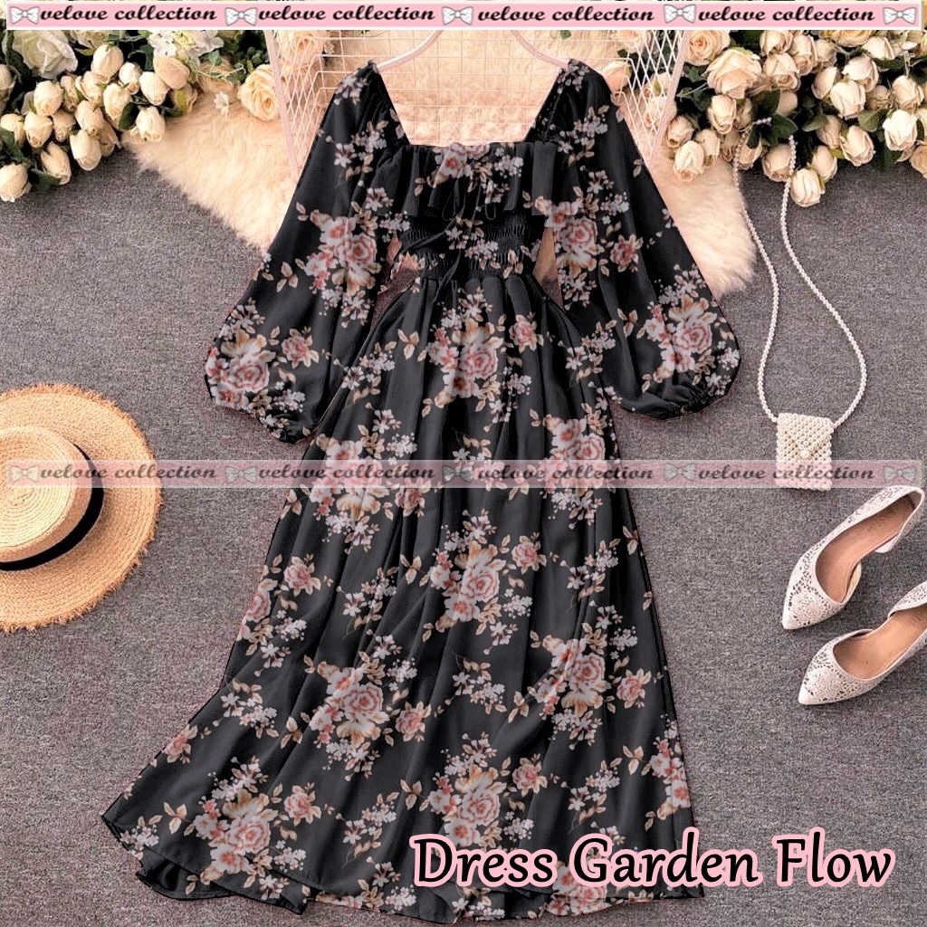 JONKA FASHION - Dress Sora Flower Fashion Wanita Gaya Vintage Dress Casual Terbaru-6122 HItamBungaKecil