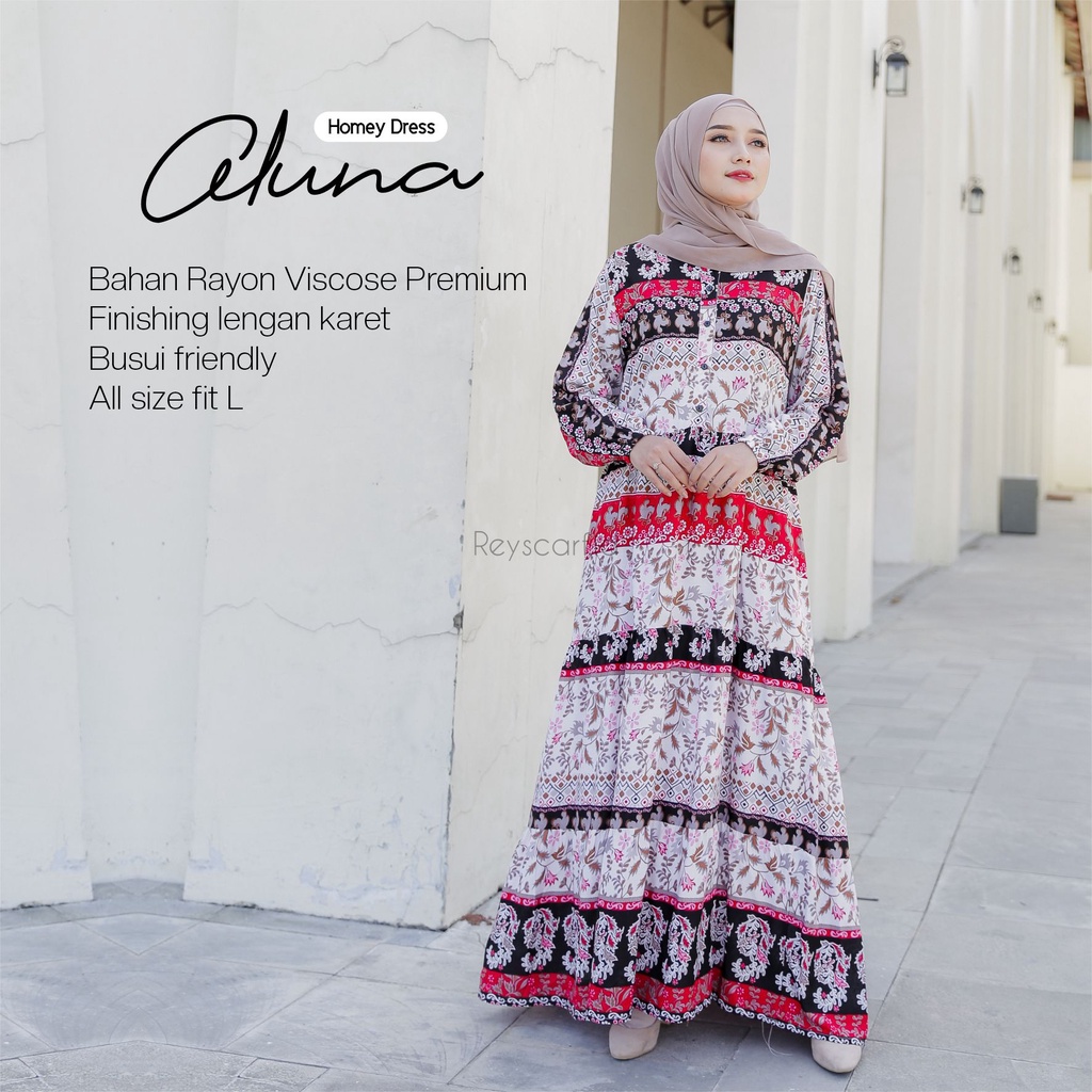 Homey Dress Aluna By Reyscarf Gamis Dewasa Luxury Bahan Rayon Viscose Premium Exclusive Adem Nyaman Dipakai  I  Bisa Cod